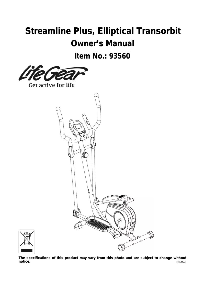 Page n°1 - Manuel utilisateur Life Gear Streamline Plus Elliptical Transorbit 93560