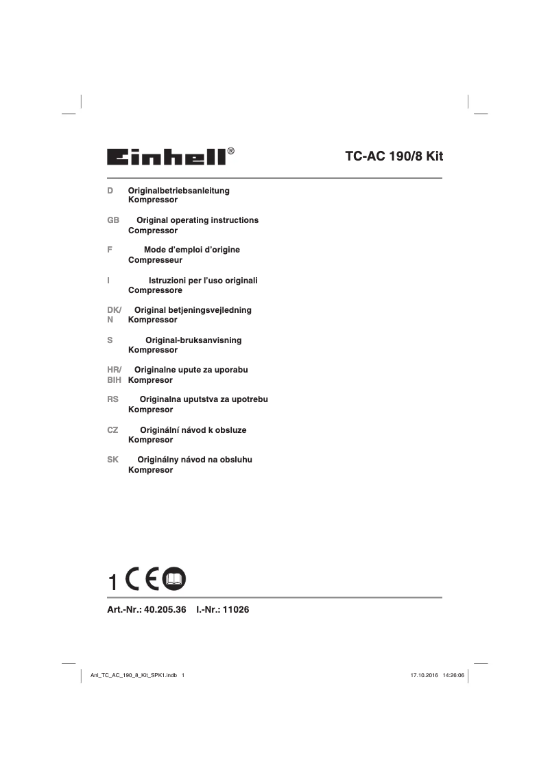 Page 1 de la notice Manuel utilisateur Einhell TC-AC 190/8 Kit