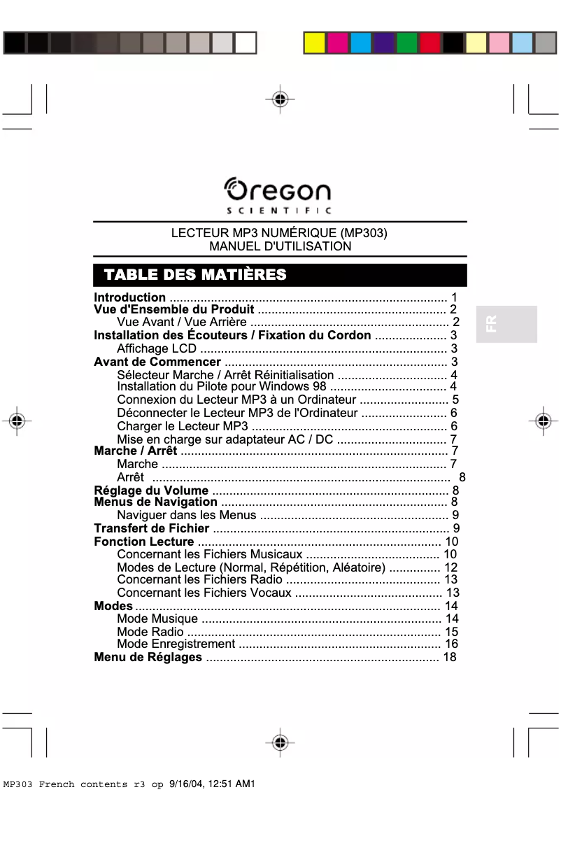 Page 1 de la notice Manuel utilisateur Oregon Scientific MP303