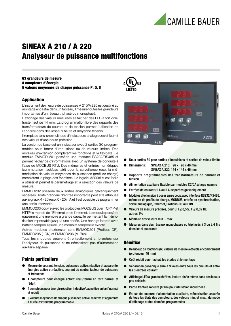 Page n°1 - Fiche technique Camille Bauer Sineax A210