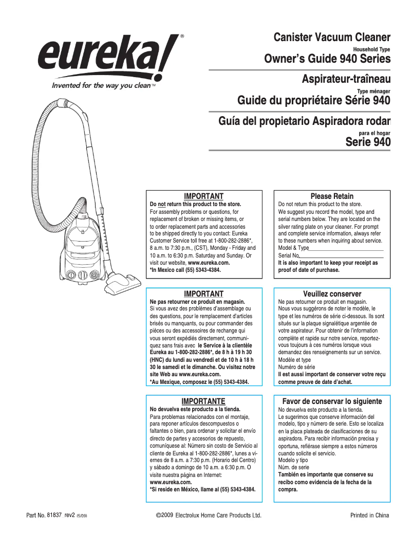Page n°1 - Manuel utilisateur Electrolux Pet Lover Bagless 940A