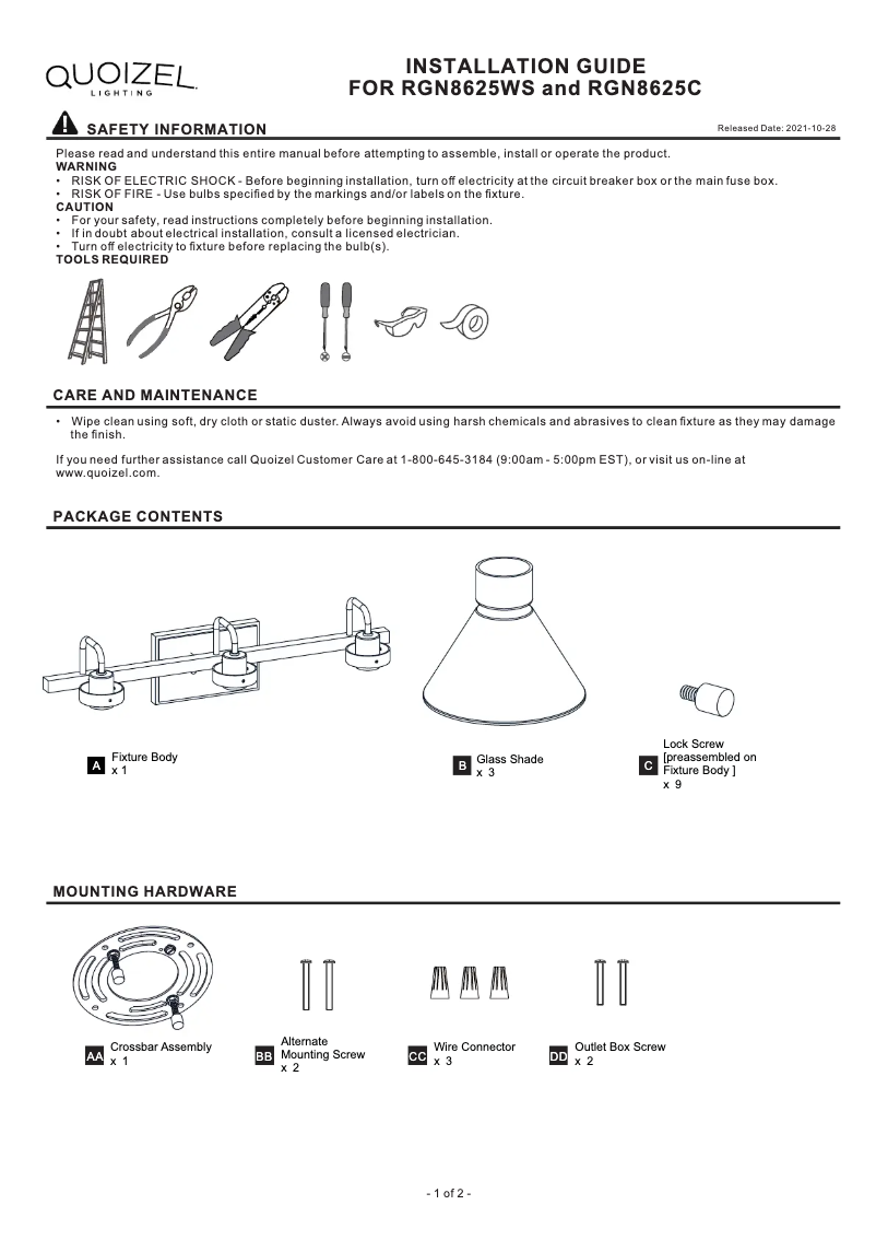 Page 1 de la notice Manuel utilisateur Quoizel Regency RGN8625WS
