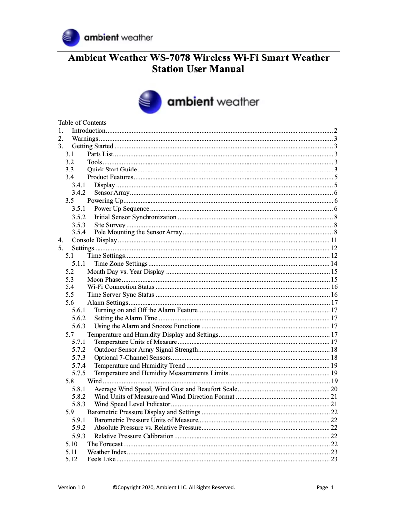 Page n°1 - Manuel utilisateur Ambient Weather WS-7078