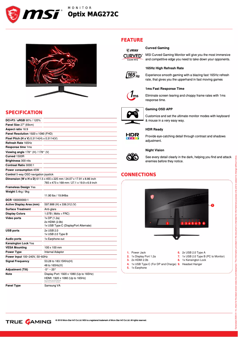 Page 1 de la notice Fiche technique MSI Optix MAG272C