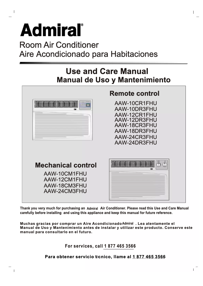 Page n°1 - Manuel utilisateur Admiral AAW-12DR3FHU