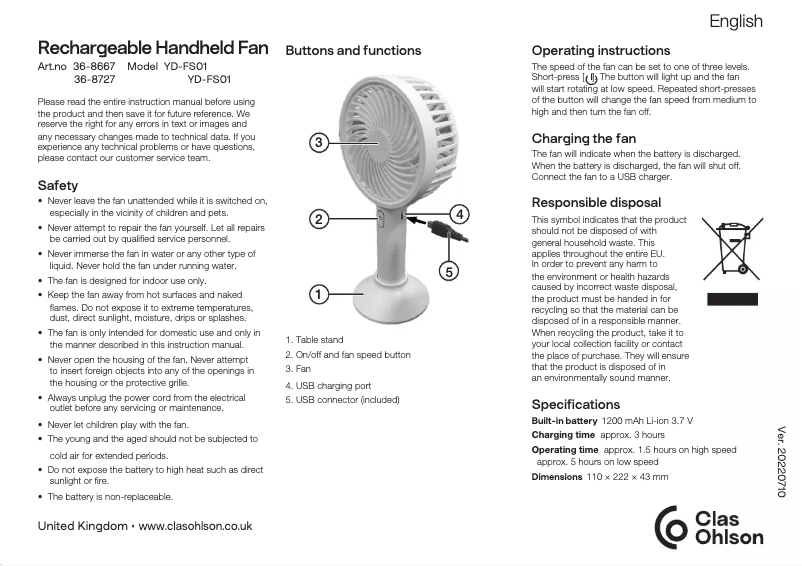 Page 1 de la notice Manuel utilisateur Clas Ohlson YD-FS01