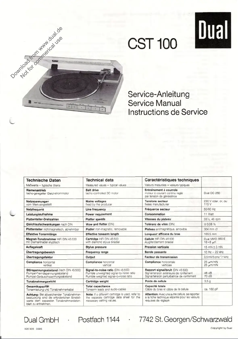 Page 1 de la notice Manuel utilisateur Dual CST 100