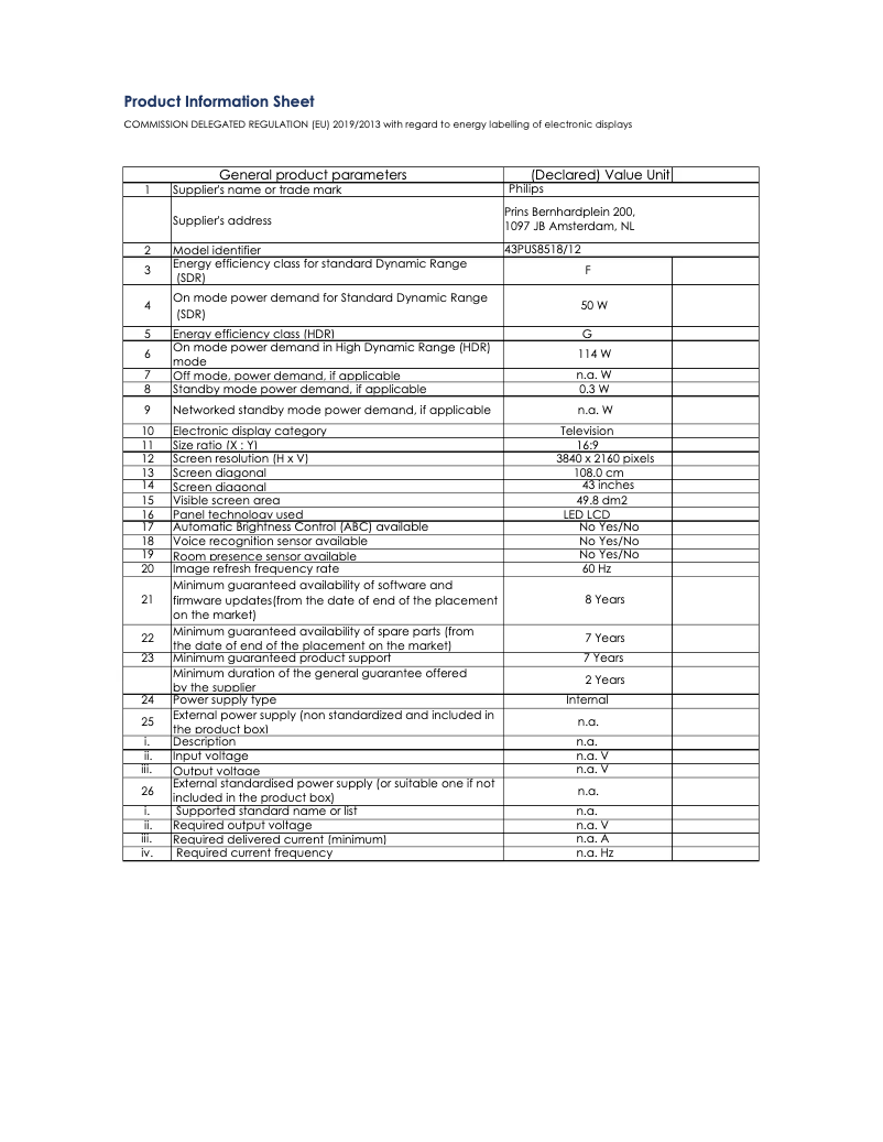 Page 1 of the manual Technical Sheet Philips 43PUS8518