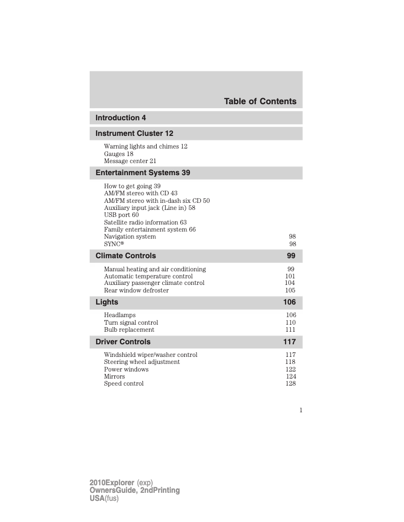 Page 1 de la notice Manuel utilisateur Ford Explorer (2010)