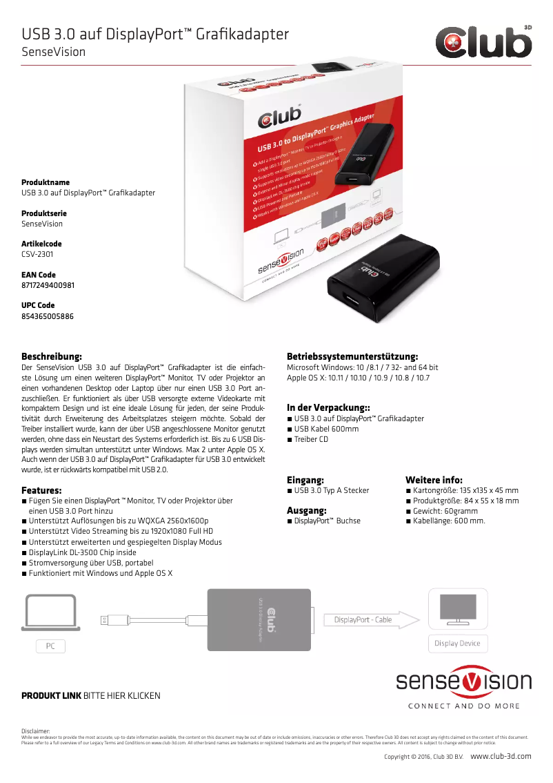 Image de la première page du manuel de l'appareil SenseVision USB3.0 to Displayport 1600p Graphics Adapter