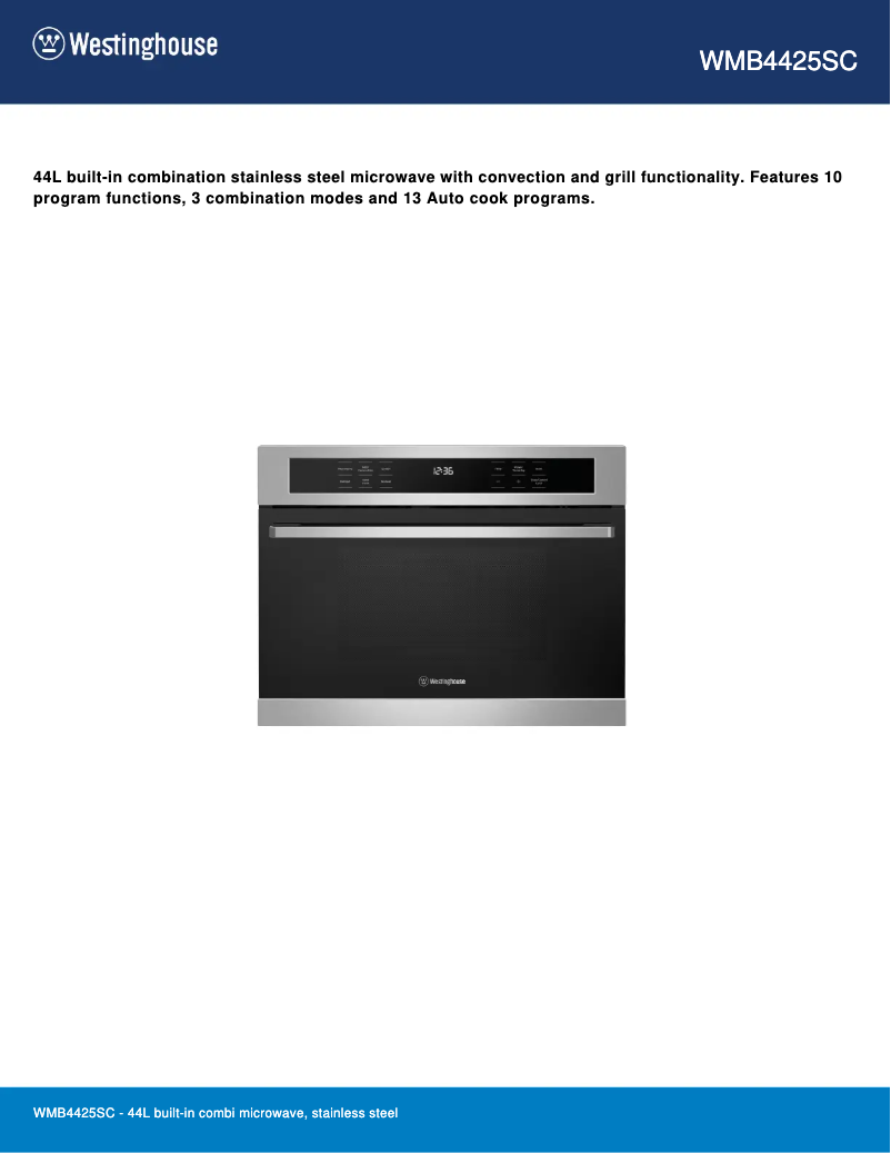 Page 1 de la notice Fiche technique Westinghouse WMB4425SC