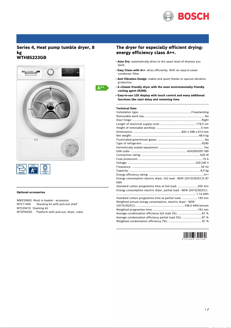 Page n°1 - Fiche technique Bosch WTH84001GB