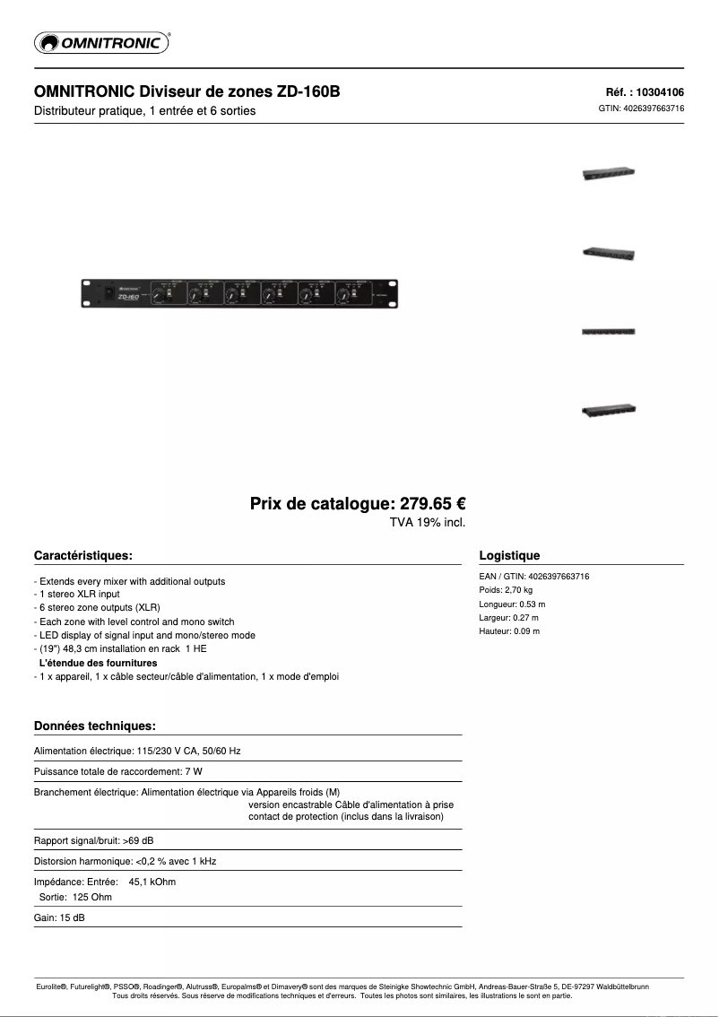 Page 1 de la notice Fiche technique Omnitronic ZD-160B