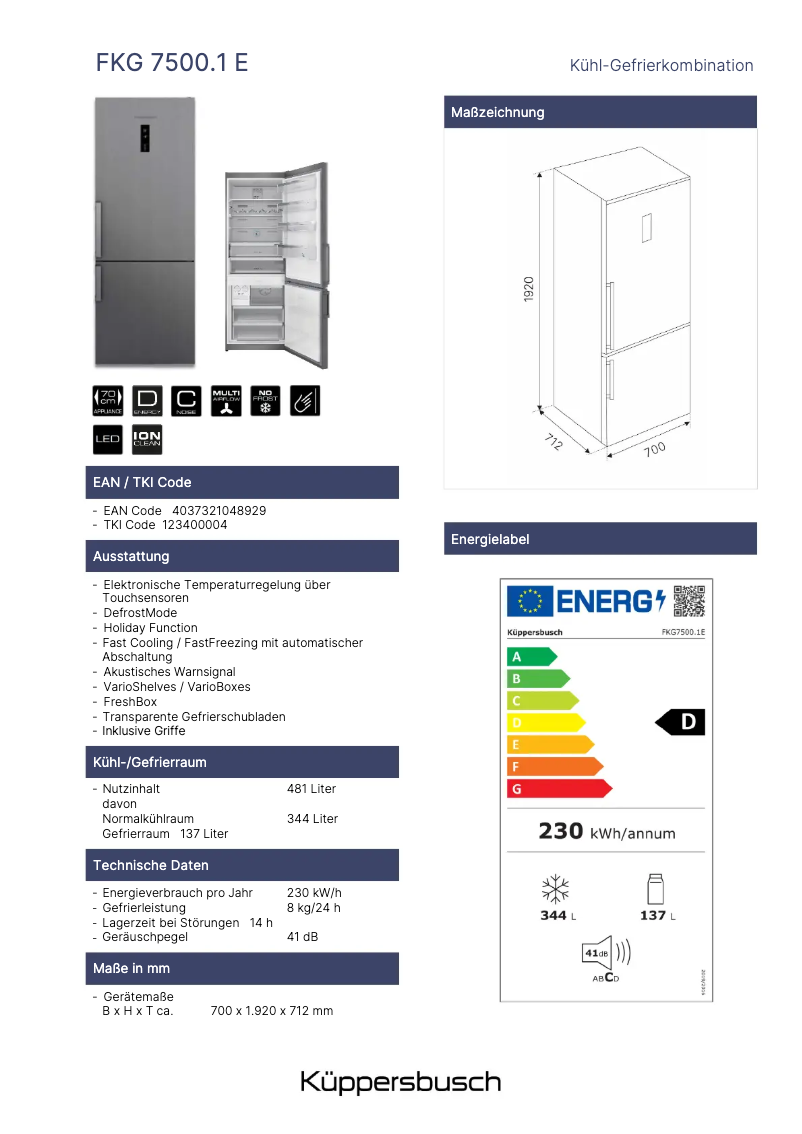 Page 1 de la notice Label énergétique Küppersbusch FKG7500.1E