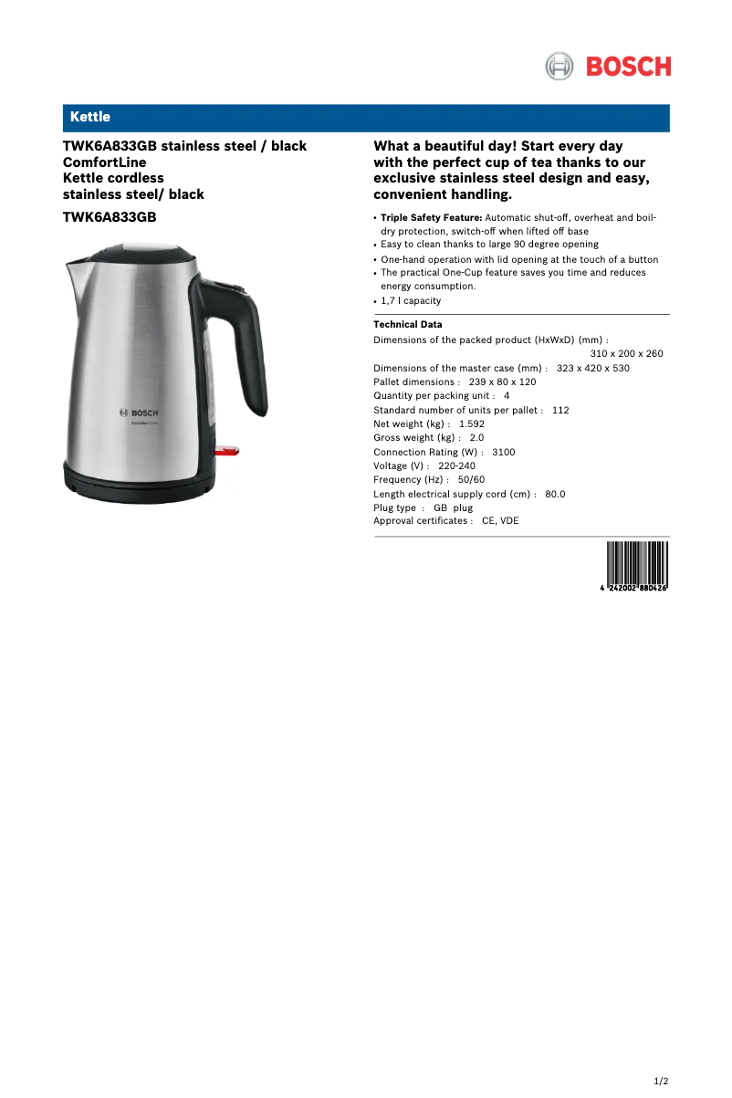 Page 1 de la notice Fiche technique Bosch TWK6A833GB