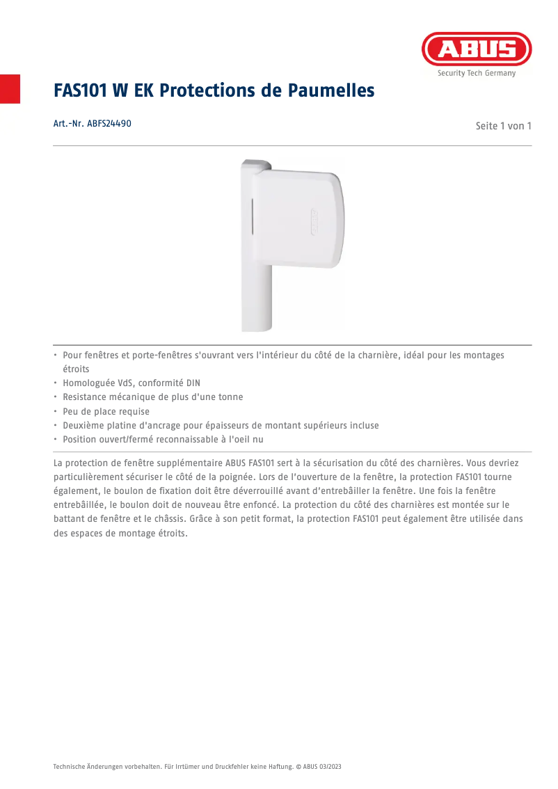 Page 1 de la notice Fiche technique Abus ABFS24490