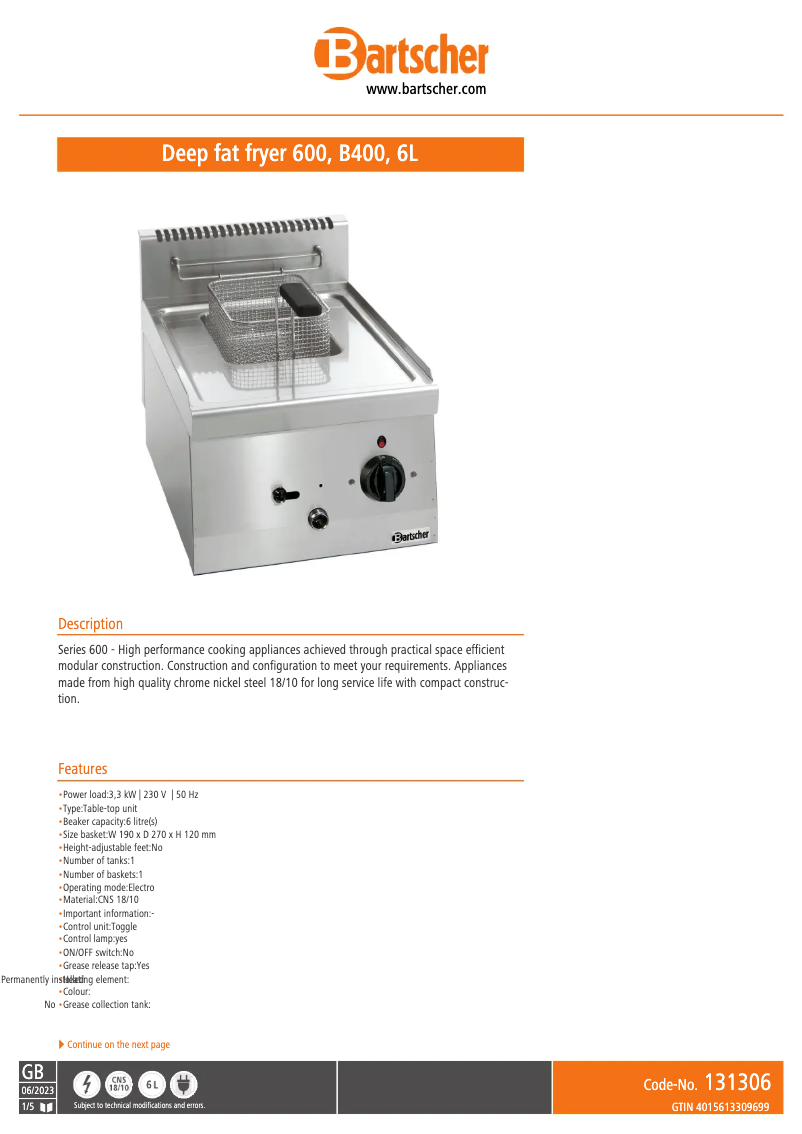 Página 1 del manual Manual de usuario Bartscher 131306