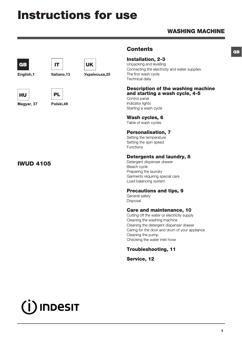Page n°1 - Manuel utilisateur Indesit IWUD 4105