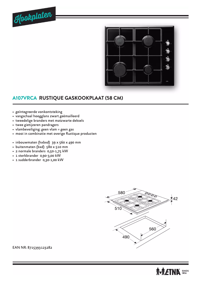 Page 1 de la notice Fiche technique Etna A107VRCA