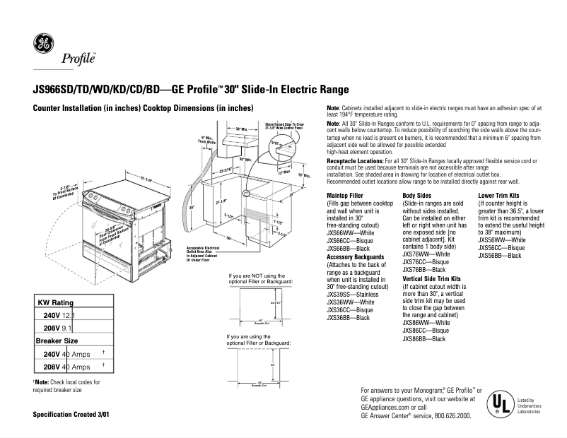 Page n°1 - Fiche technique GE Profile JS966KDCC