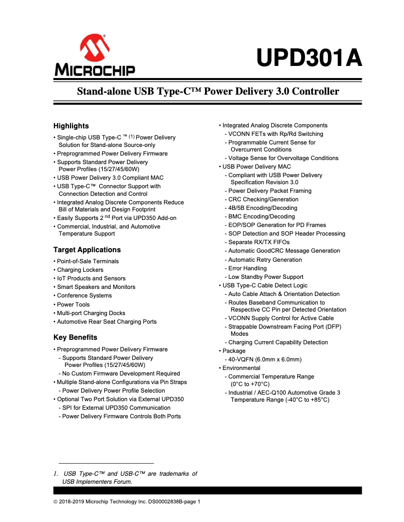 Page 1 de la notice Manuel utilisateur Microchip UPD301A