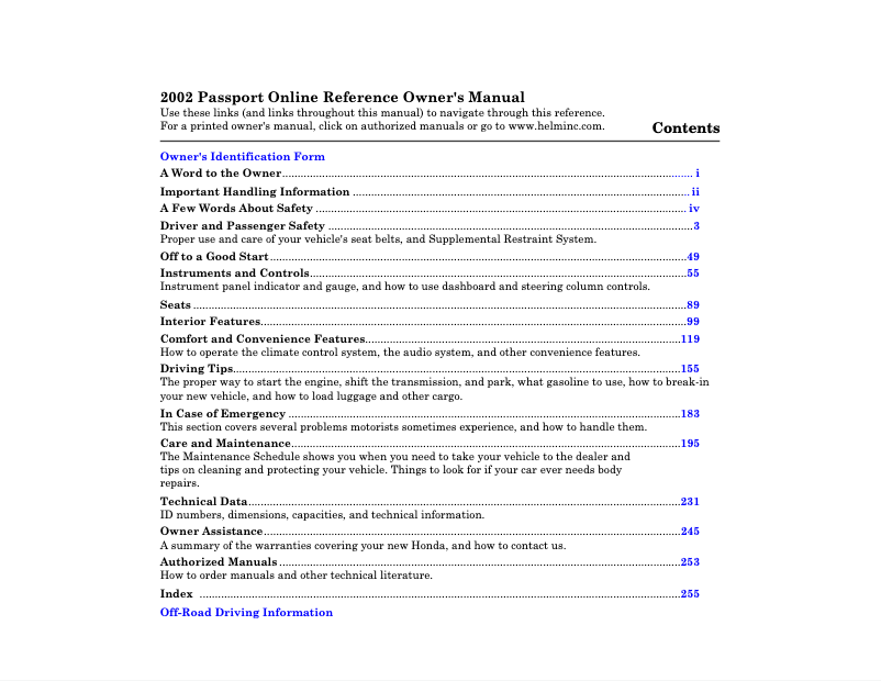 Página 1 del manual Manual de usuario Honda Passport (2002)