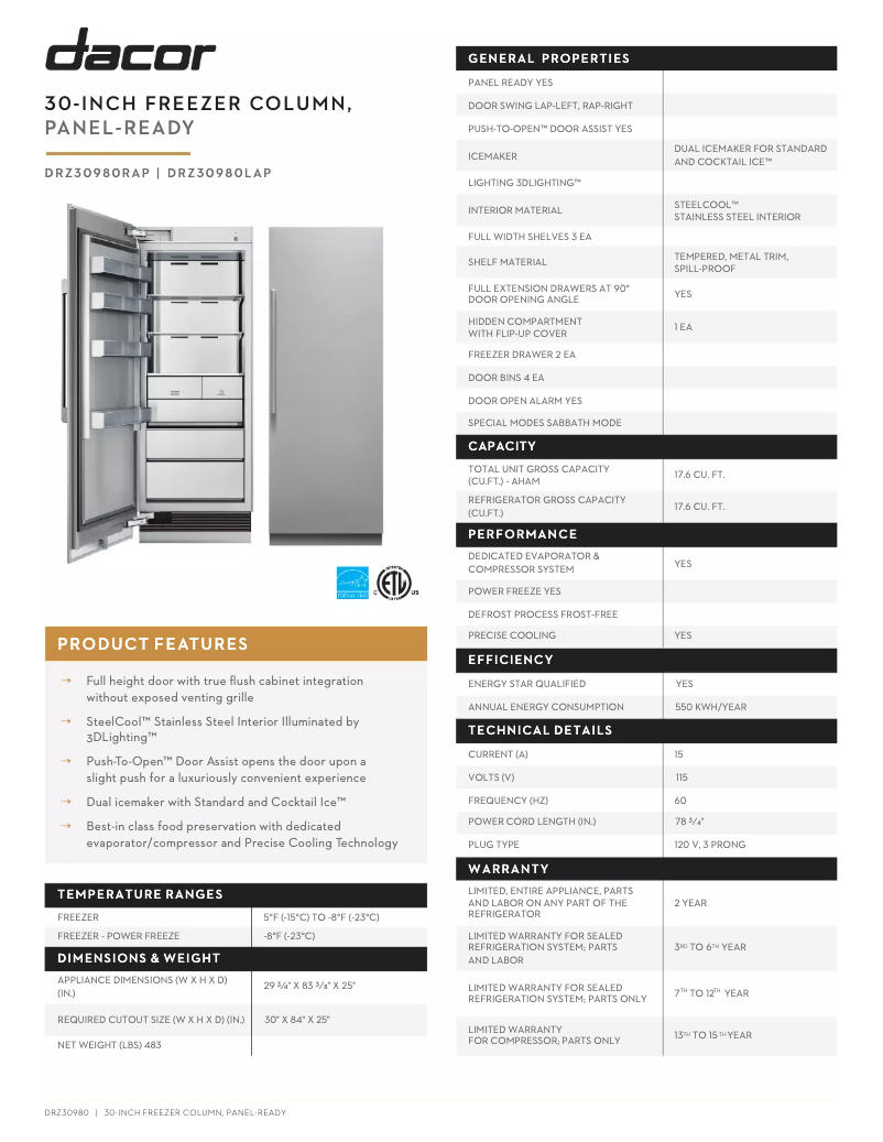 Page 1 de la notice Fiche technique Dacor Modernist DRZ30980RAP