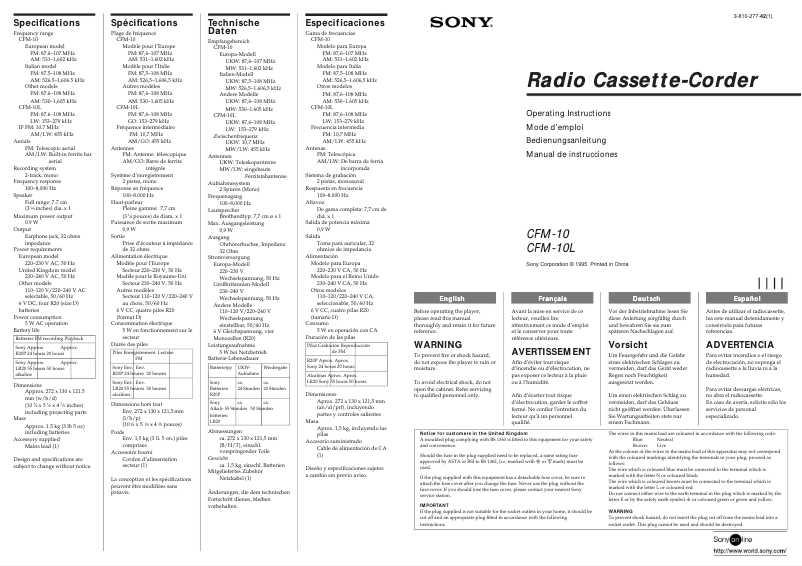 Page 1 de la notice Manuel utilisateur Sony CFM10B