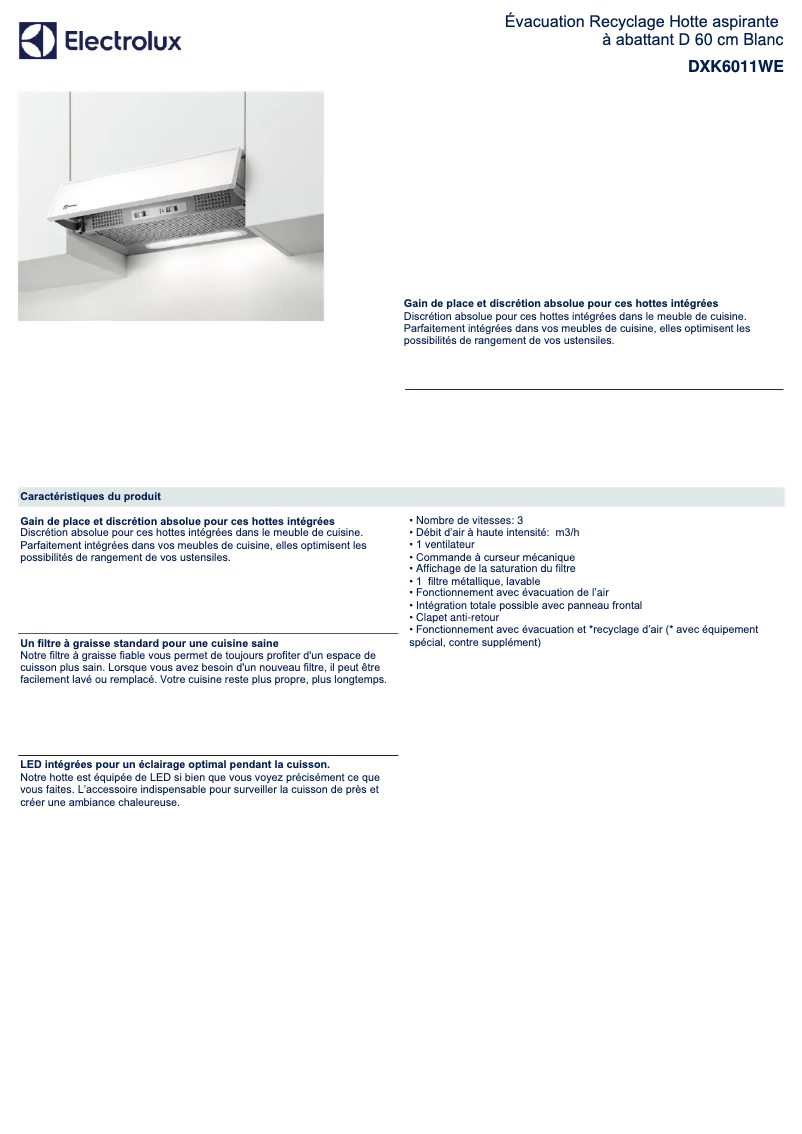 Page 1 de la notice Fiche technique Electrolux DXK6011WE