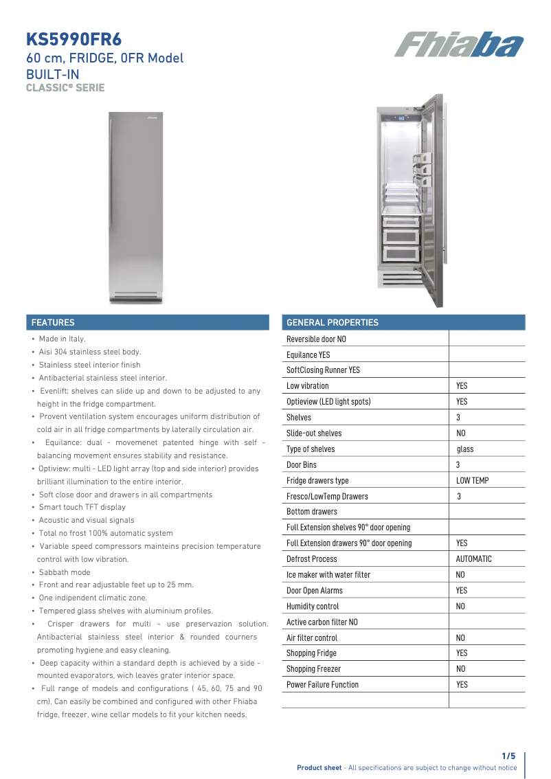 Page 1 de la notice Fiche technique Fhiaba KS5990FR6A