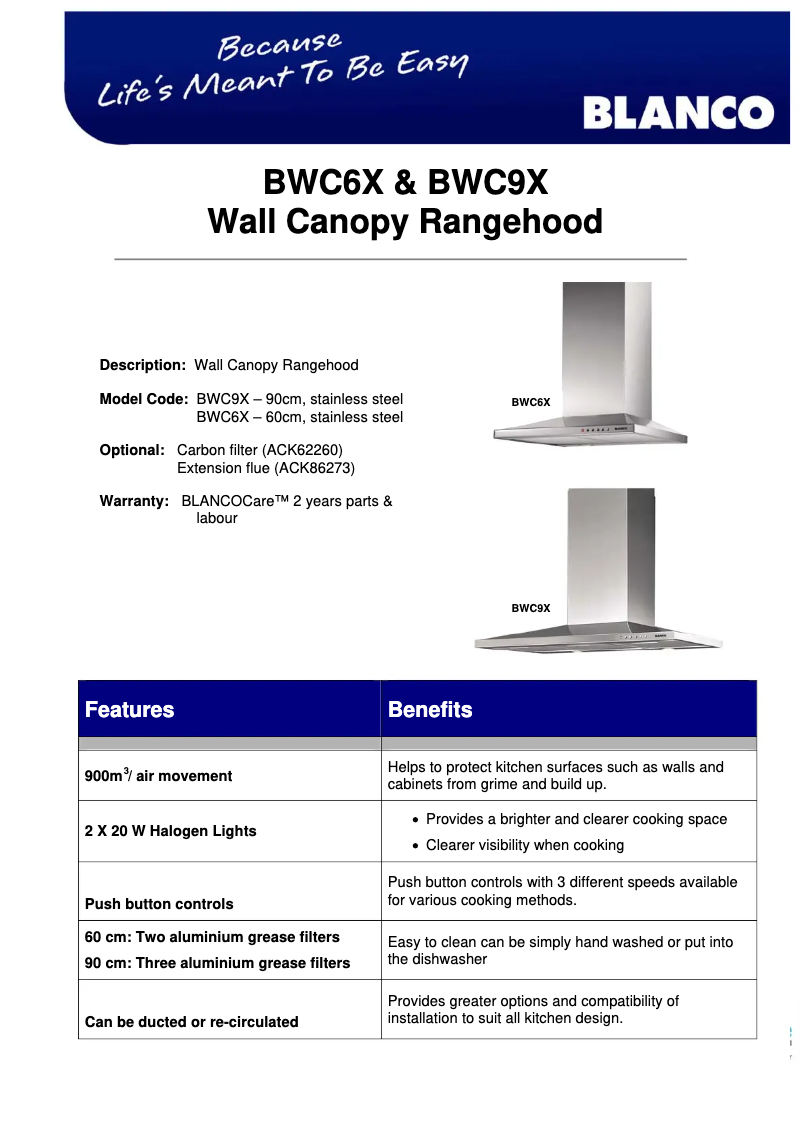Page 1 de la notice Fiche technique BLANCO BWC9X