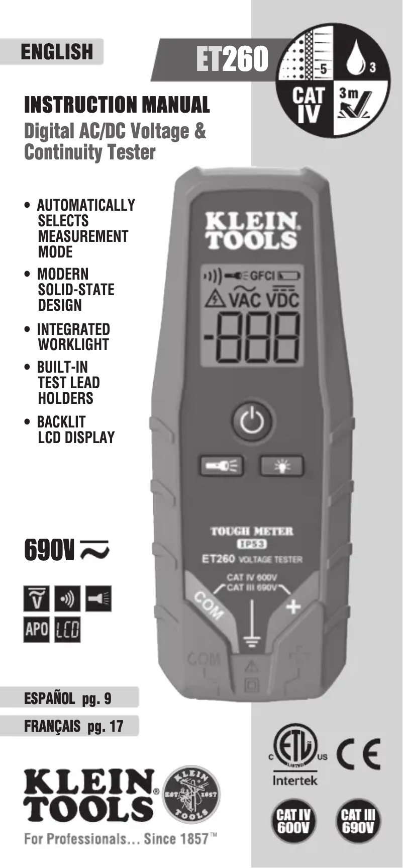 Page 1 de la notice Manuel utilisateur Klein Tools ET260