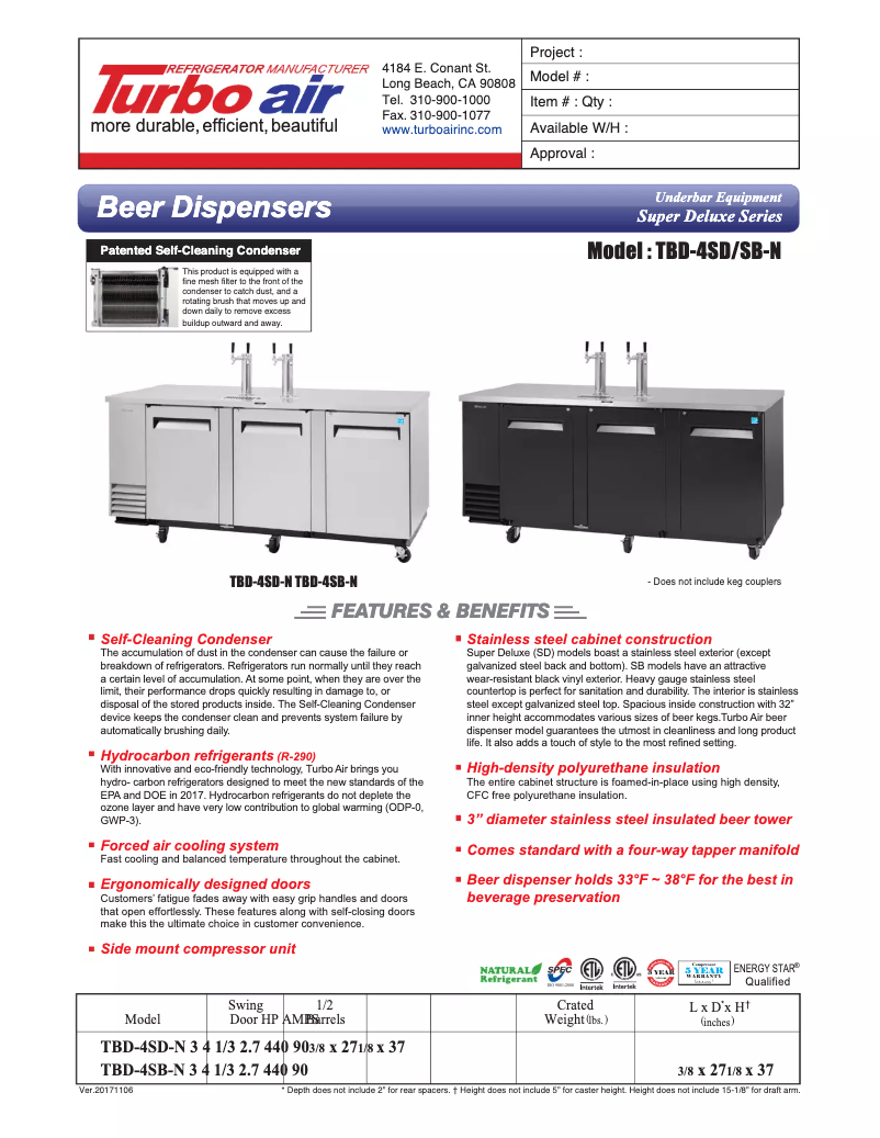Page 1 de la notice Fiche technique Turbo air TBD-4SB