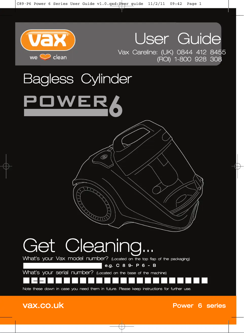 Page n°1 - Manuel utilisateur Vax Power 6