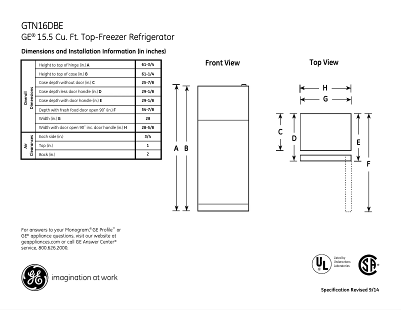 Page n°1 - Fiche technique GE GTN16DBEWW