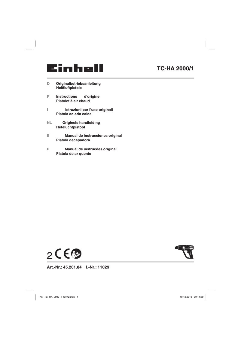 Page 1 de la notice Manuel utilisateur Einhell TC-HA 2000/1