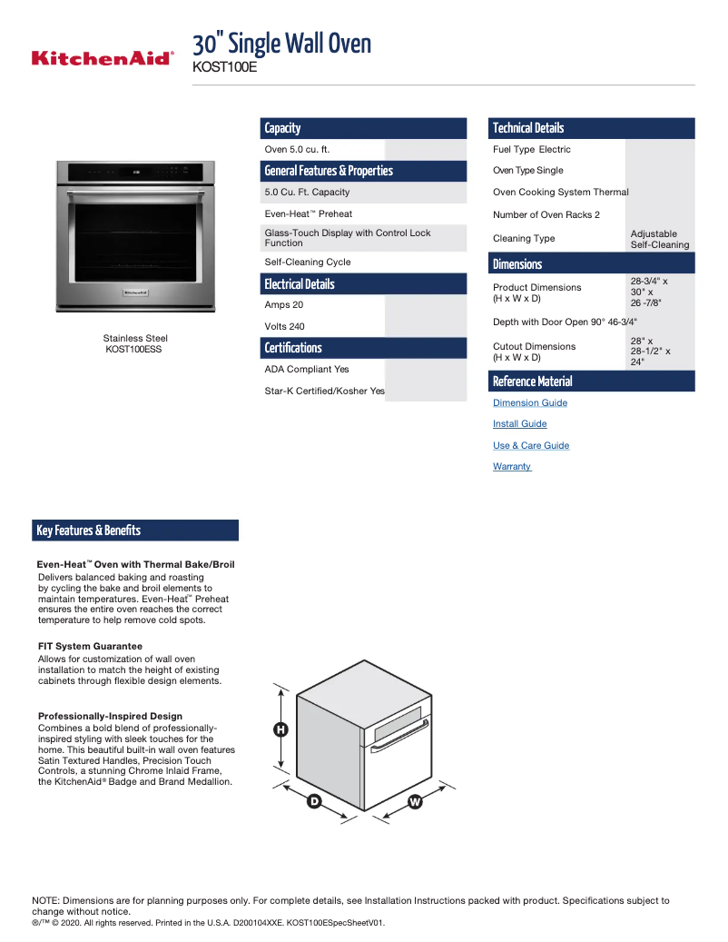 Page n°1 - Fiche technique KitchenAid KOST100ESS