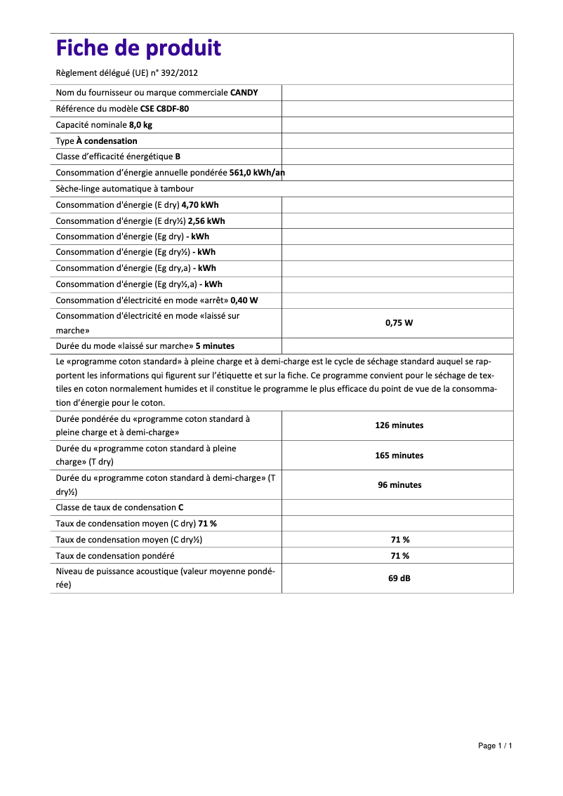 Page 1 de la notice Fiche technique Candy CSE C8DF-80