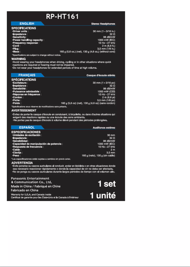 Page 1 de la notice Manuel utilisateur Panasonic RP-HT161