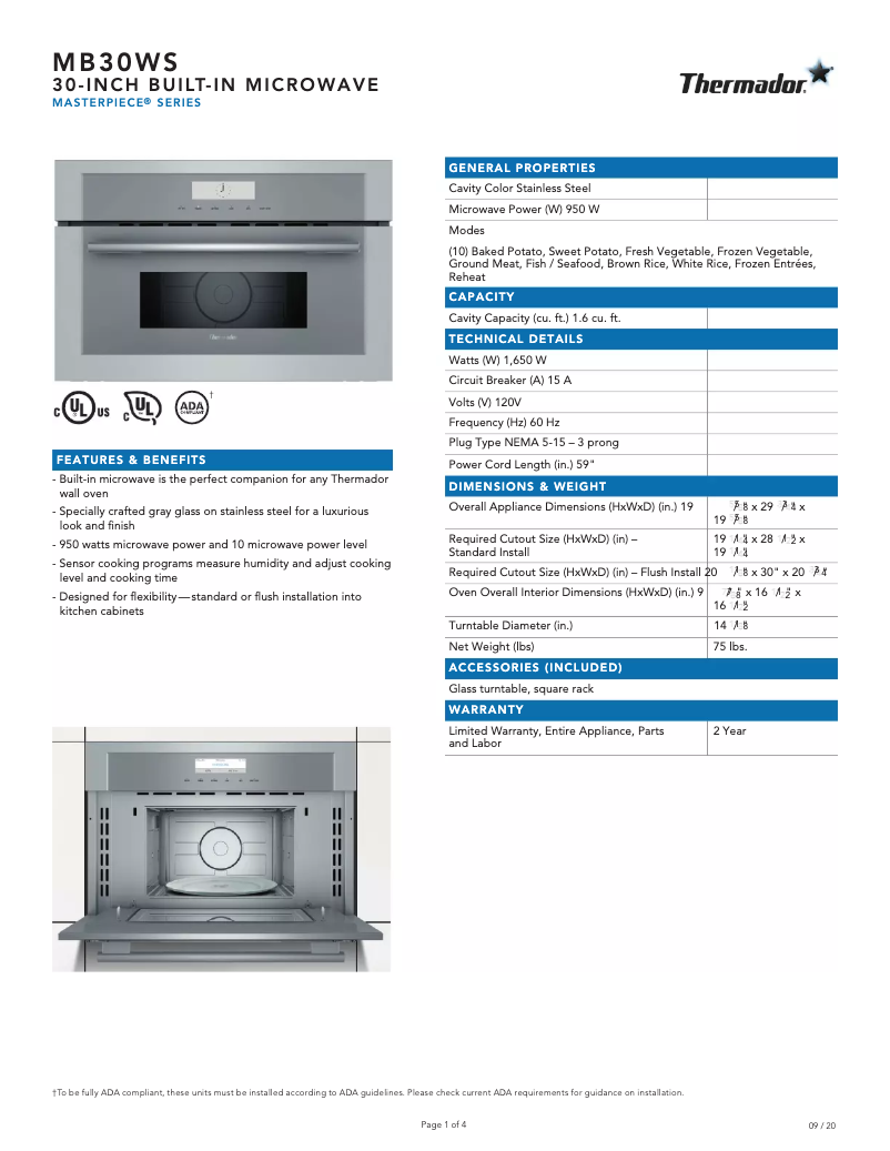 Page 1 de la notice Fiche technique Thermador MB30WS