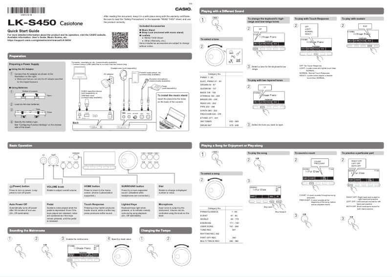 Page 1 de la notice Guide de démarrage rapide Casio LK-S450