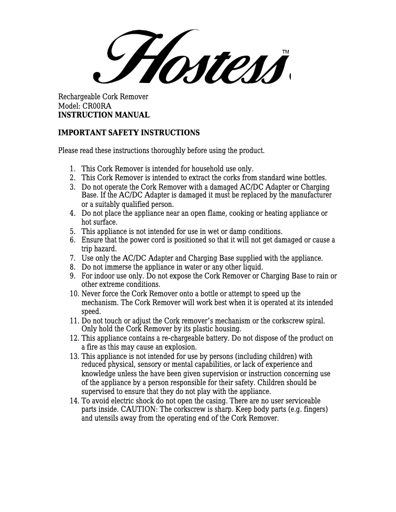 Page 1 de la notice Manuel utilisateur Hostess CR00RA