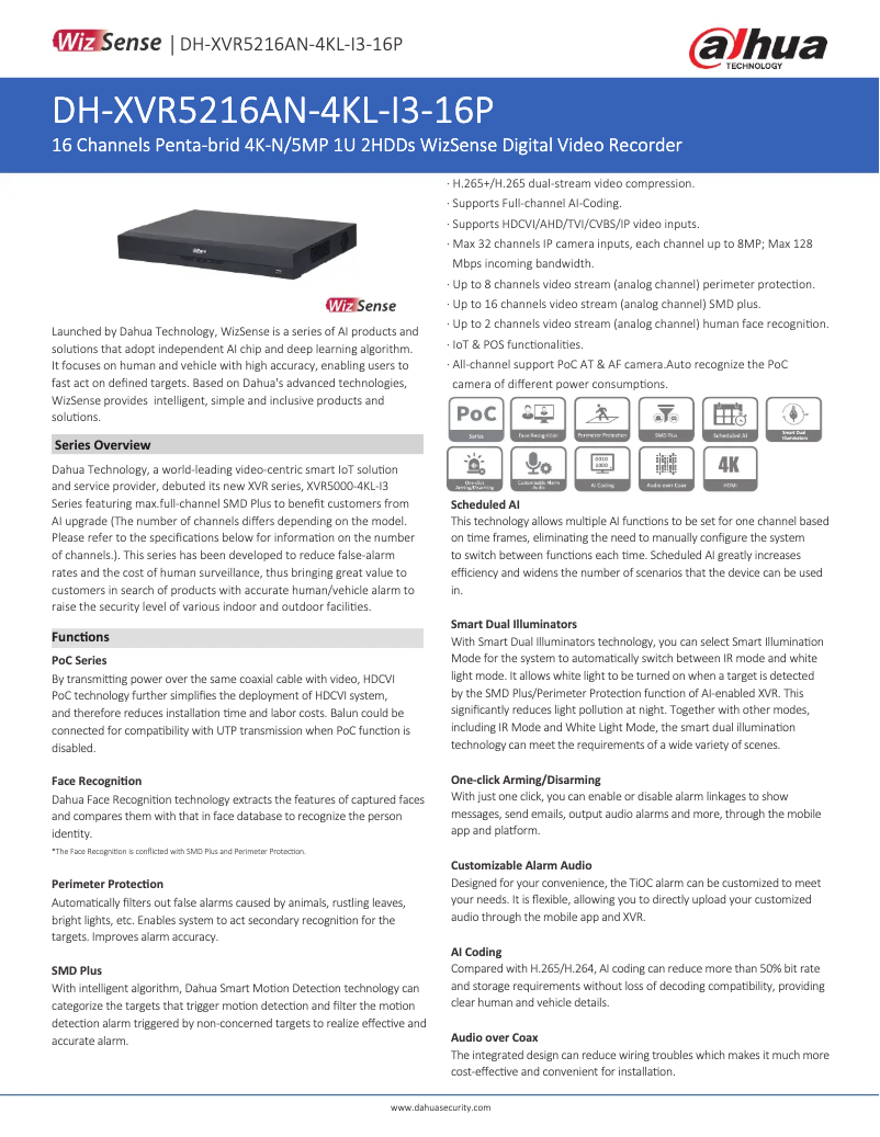 Page 1 de la notice Fiche technique Dahua Technology XVR5216AN-4KL-I3-16P