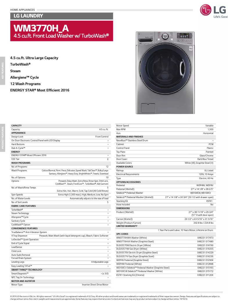 Página 1 del manual Ficha técnica LG WM3770HA