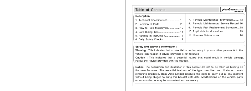 Página 1 del manual Manual de usuario Bajaj Pulsar 220 DTS-i