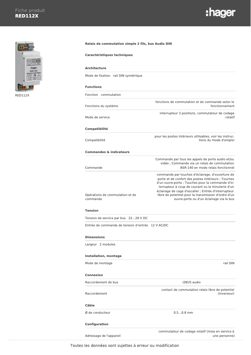 Page 1 de la notice Fiche technique Hager RED112X