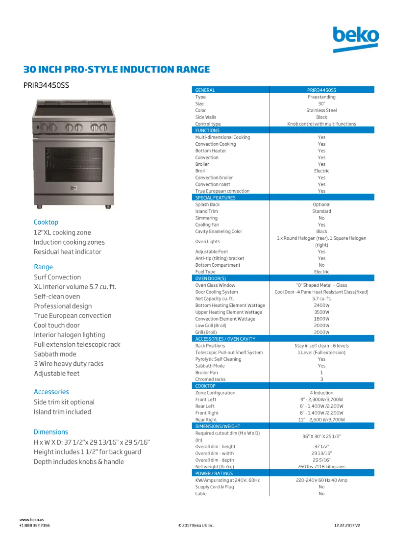 Page 1 de la notice Fiche technique Beko PRIR34450SS