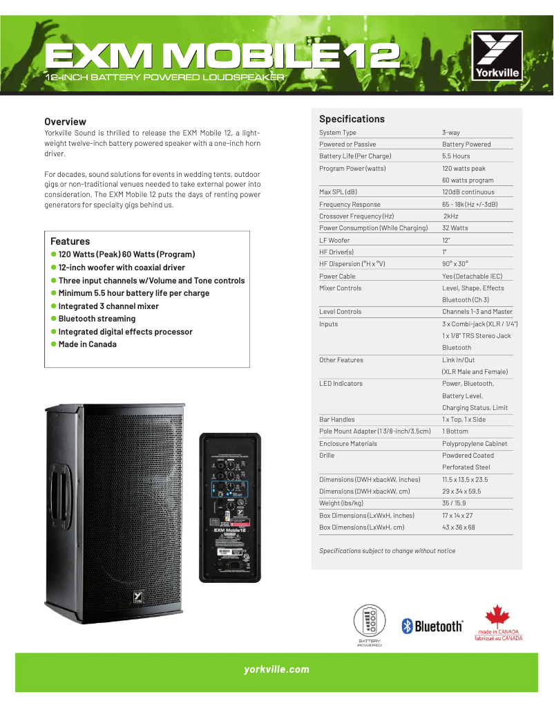 Page n°1 - Fiche technique Yorkville EXM Mobile 12