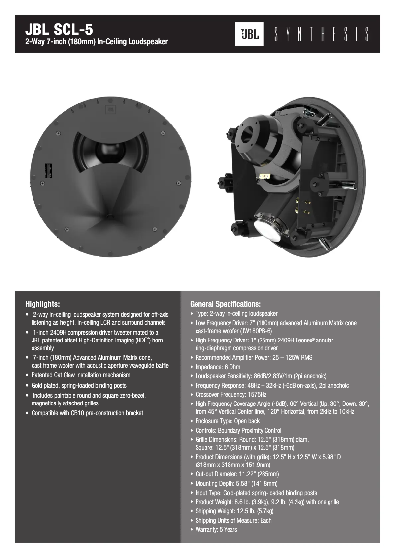 Page 1 de la notice Fiche technique JBL SCL-5