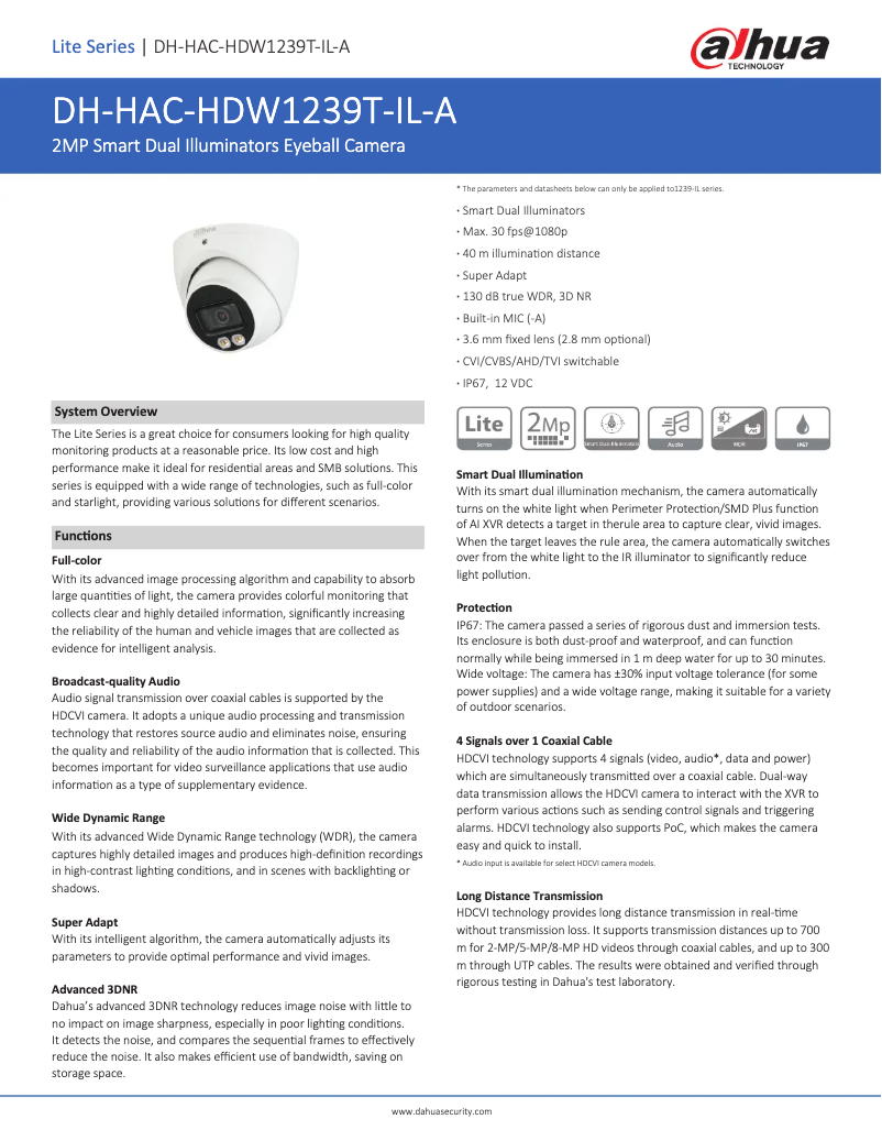 Page n°1 - Fiche technique Dahua Technology HAC-HDW1239T-IL-A
